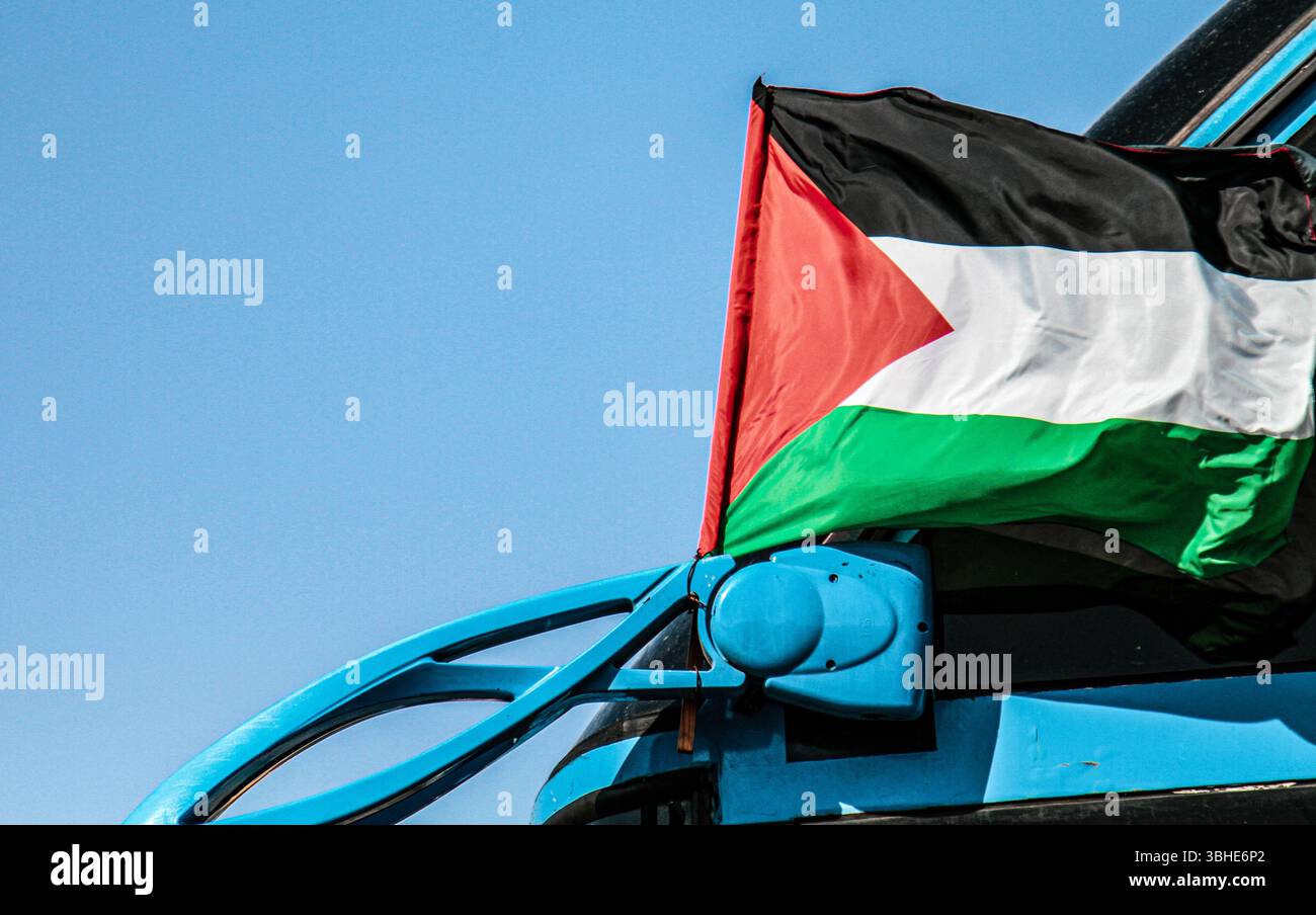 9 giugno 2025, Tunisi, Tunisia: Tunisi, Tunisia. 9 giugno 2025. Nella capitale tunisina si sta organizzando il "convoglio della resilienza”, un convoglio terrestre di volontari della società civile che partirà da Tunisi per Gaza attraverso la Libia e l'Egitto nel tentativo di rompere l'assedio di Israele. La missione umanitaria del convoglio "Sumud" mira a esprimere solidarietà al popolo palestinese sotto assedio e a fornire loro aiuti umanitari, in modo simile alla nave Madleenis, recentemente salpata dall'Italia verso la costa di Gaza (Credit Image: © Hasan mrad/IMAGESLIVE via ZUMA Press Wire) EDIT Foto Stock