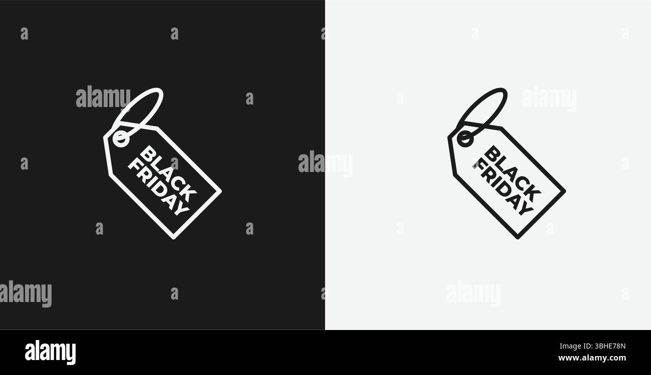 Icona contorno bianco etichetta di vendita Black Friday su sfondo bianco e nero, che rappresenta le offerte per lo shopping Illustrazione Vettoriale