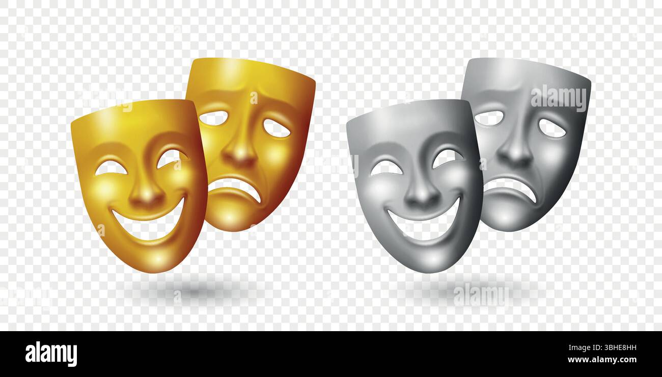 Set di maschere per teatro realistiche vettoriali. Maschere comiche e tragiche. Maschera classica Gold e Silver Theater per il design del palcoscenico, il dramma greco, la recitazione, lo spettacolo Illustrazione Vettoriale