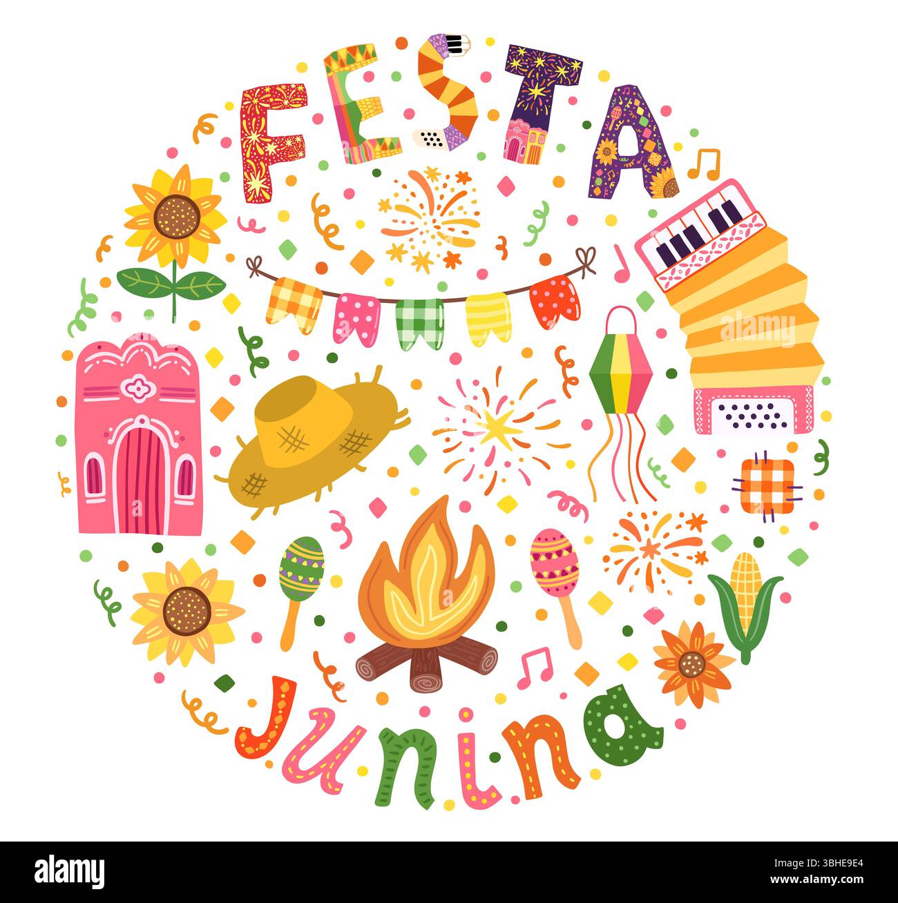 Design circolare Festa Junina, banner, poster con fisarmonica, girasole, cappello di paglia e illustrazioni brasiliane festose Foto Stock