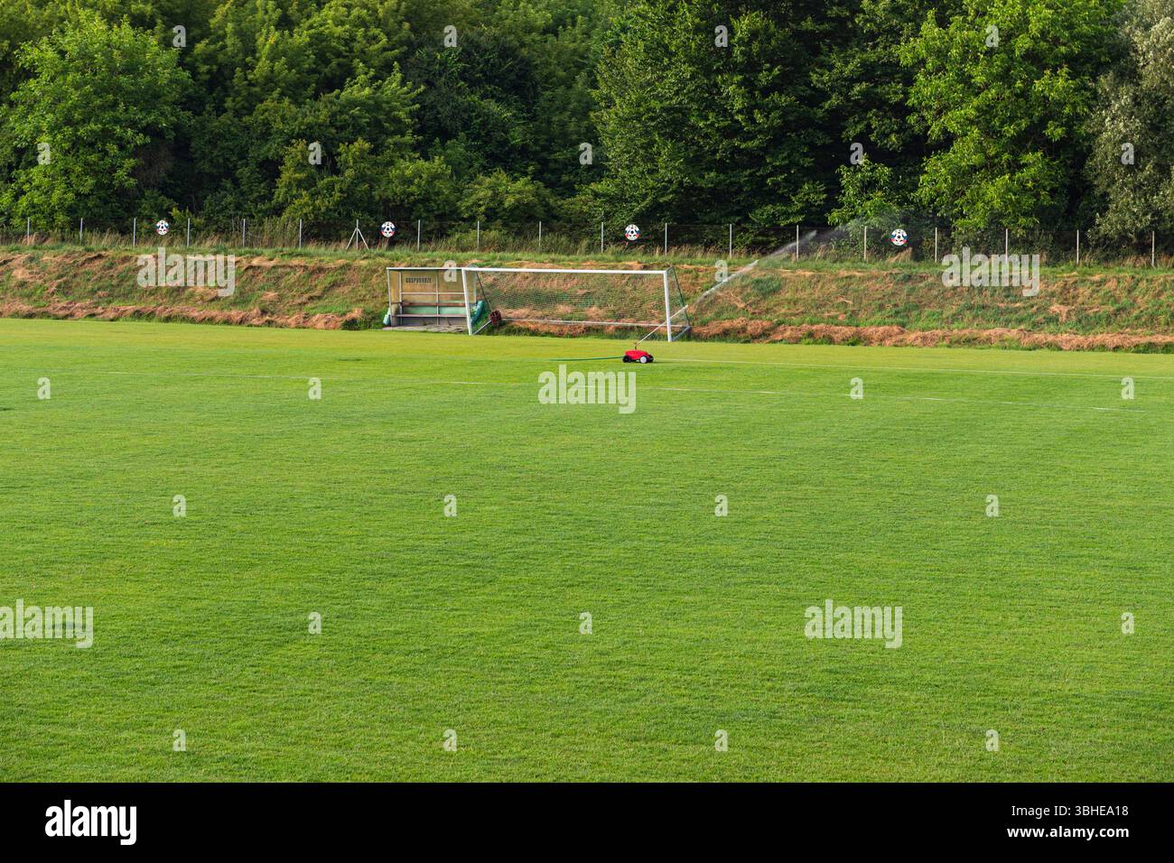 Una sezione di un campo da calcio con erba verde innaffiata con acqua Foto Stock