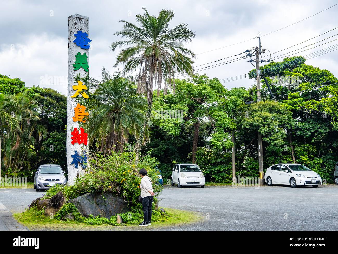 Insegna colorata al villaggio 奄美大島紬村 Tsumugi. Amami Oshima, Giappone. Foto Stock