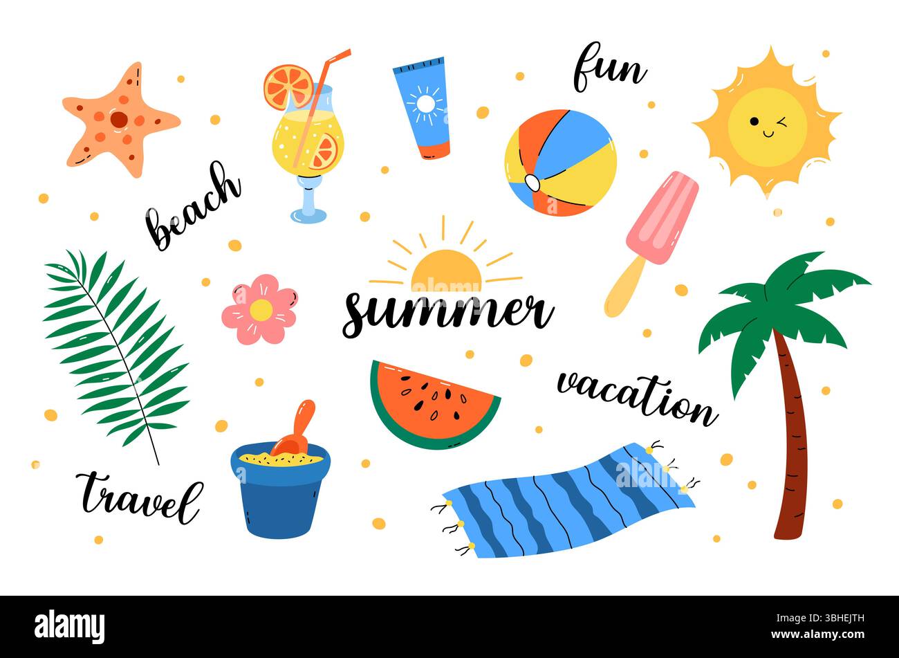 Set clipart estivo. Collezione di illustrazioni vettoriali di elementi carini come il sole, la palma, gli oggetti da spiaggia e l'anguria. Vacanze estive, design di viaggio Illustrazione Vettoriale