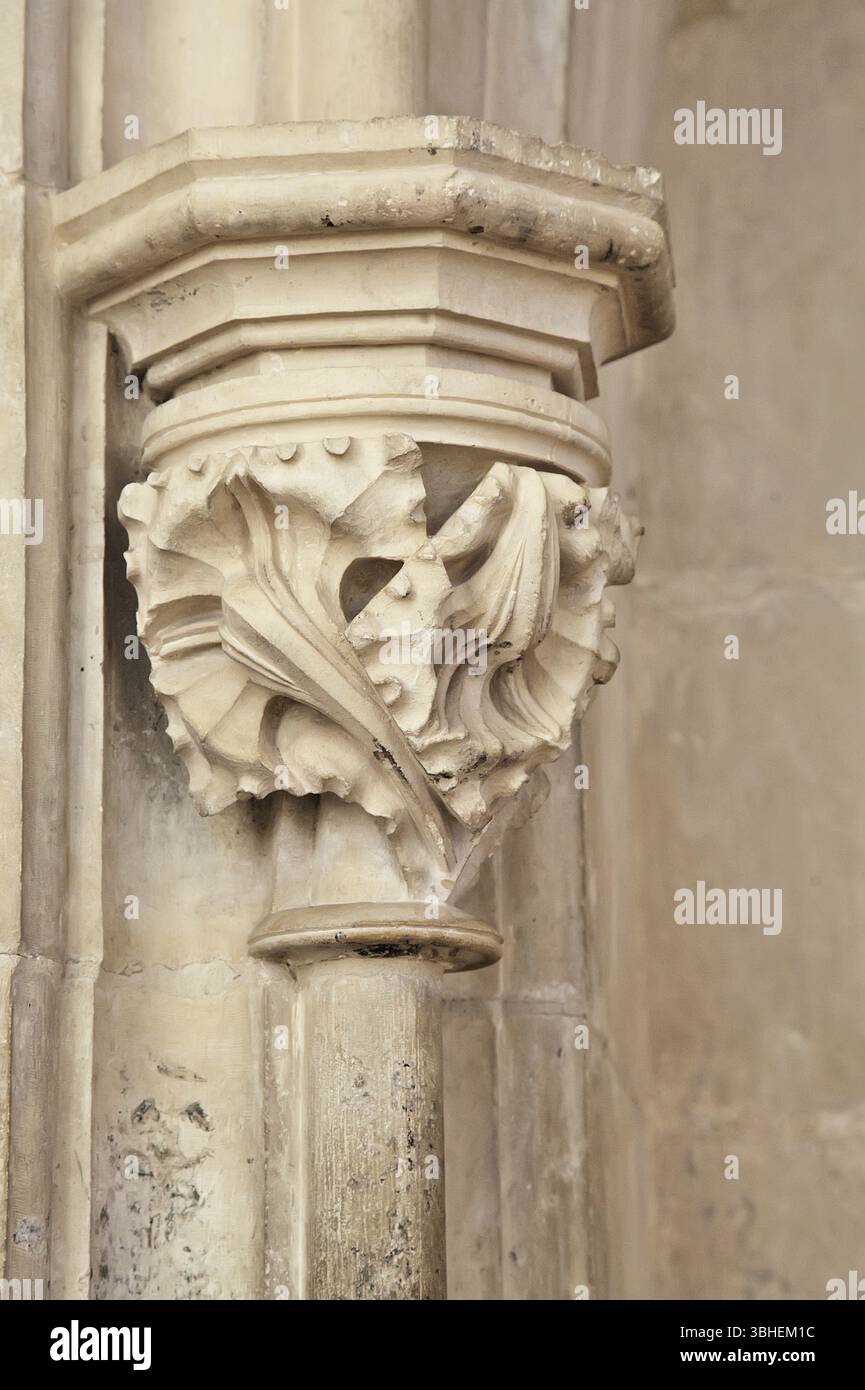 Elaborate sculture in pietra e disegni unici a colonne raffigurano l'essenza storica e artistica dell'architettura gotica Foto Stock