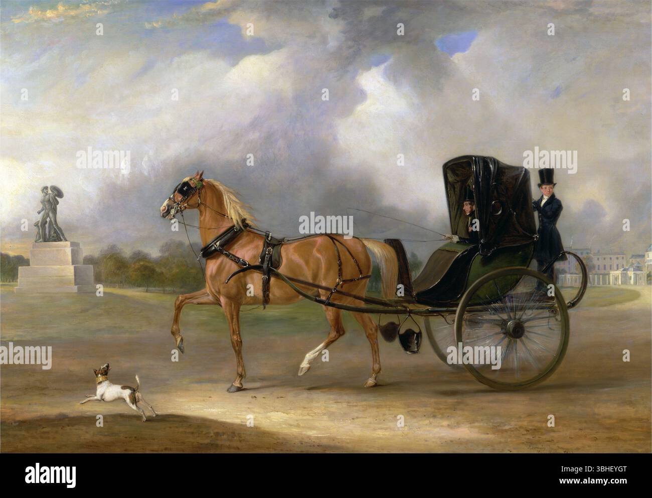 Un dipinto a olio su tela di William Massey Stanley alla guida del suo Cabriolet a Hyde Park Londra 1833, opera d'arte dell'artista John Ferneley, carrozza trainata da cavalli Foto Stock