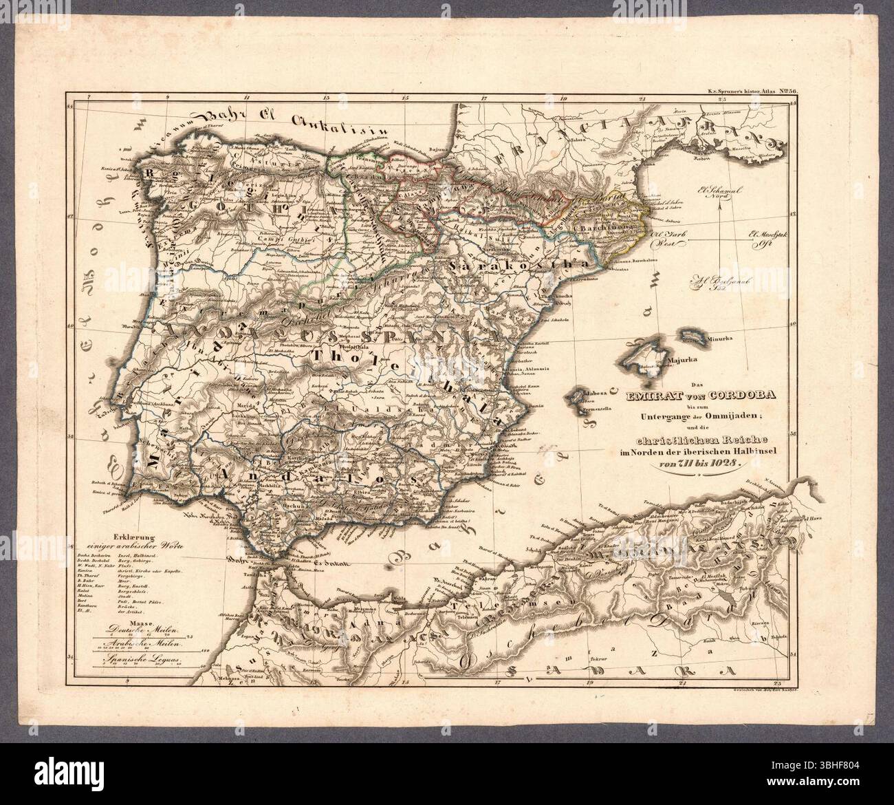 L'istore di K.V. Spruner. Atlas N° 36 - Das Emirat von Cordoba bis zum Untergange der Ommijaden; und die christlichen Reiche im Norden der iberischen Halbinsel von 711 bis 1028. Foto Stock