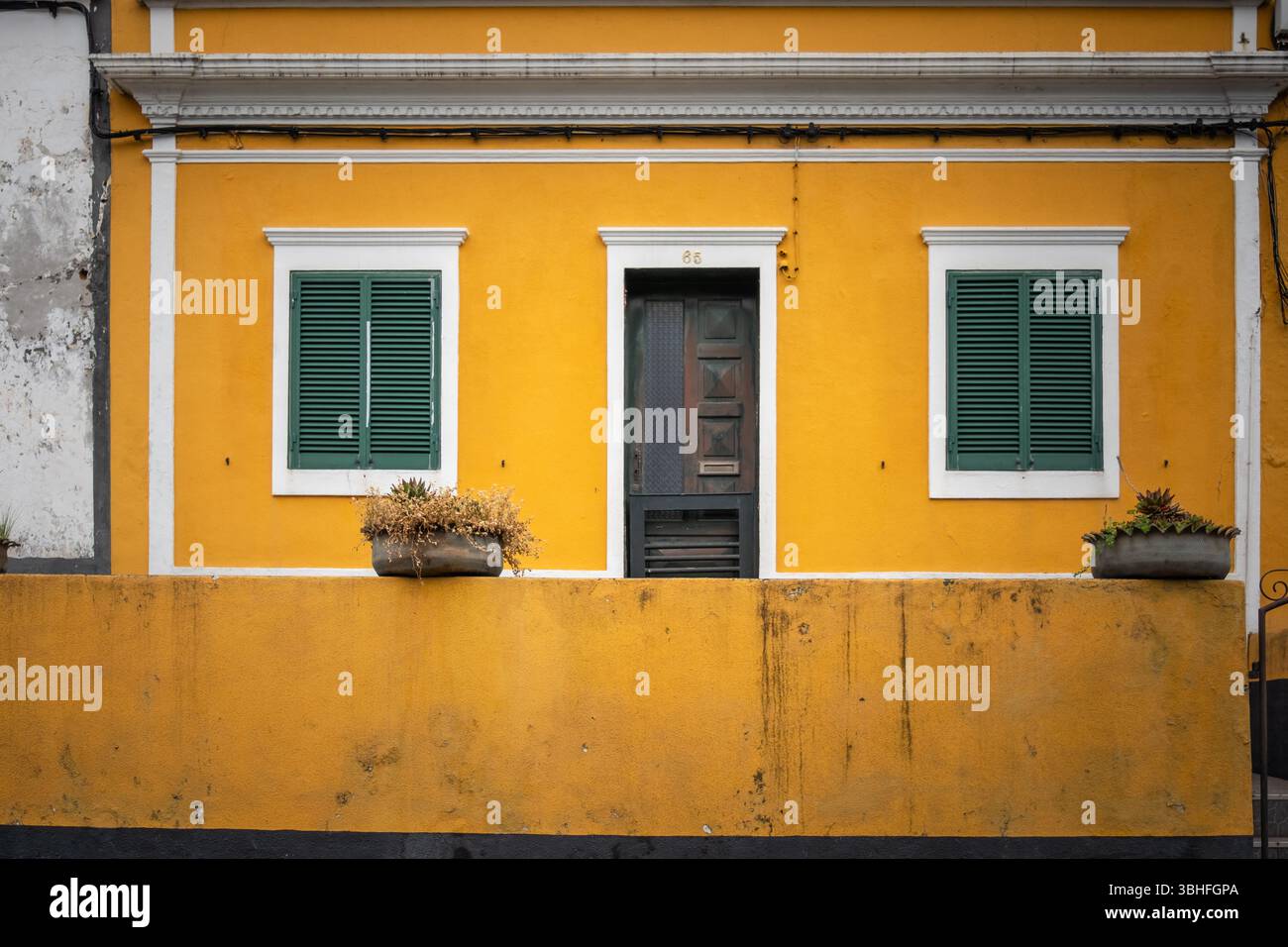Affascinante facciata gialla con tapparelle verdi - architettura europea Foto Stock