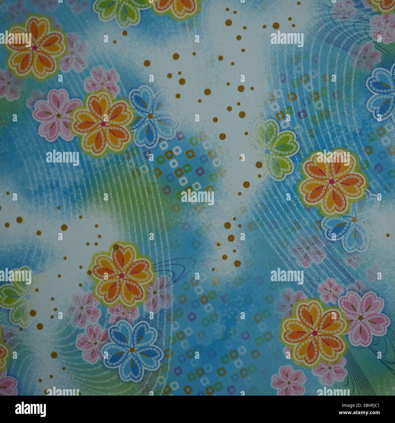 Colorato motivo astratto floreale con sfondo blu Foto Stock