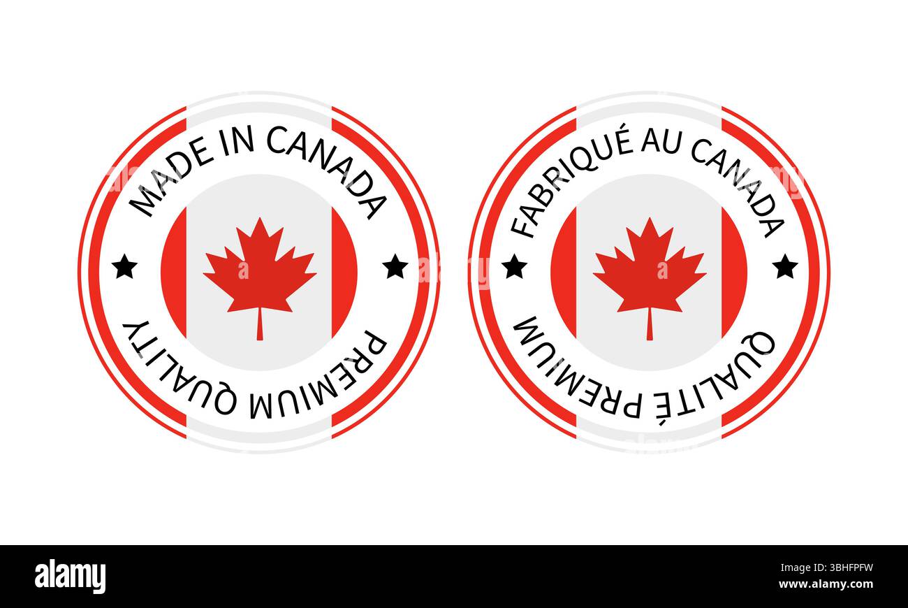 Etichette rotonde prodotte in Canada in inglese e francese. Icona del vettore del marchio di qualità. Perfetto per design di logo, etichette, badge, adesivi, emblemi, pro Illustrazione Vettoriale