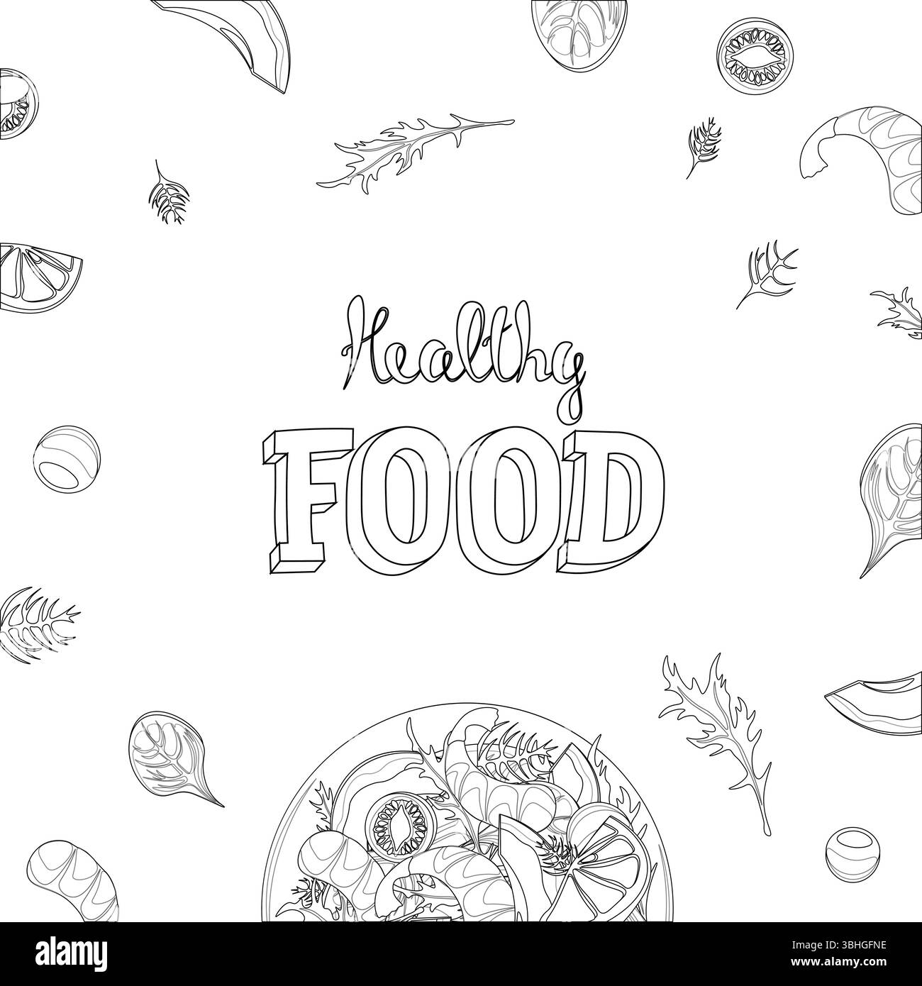 Illustrazione del concetto di cibo sano. Ingredienti nutrienti per i pasti disegno dietetico. Menu del ristorante Nutrition Wellness. Contorno sfondo bianco monocromatico Illustrazione Vettoriale