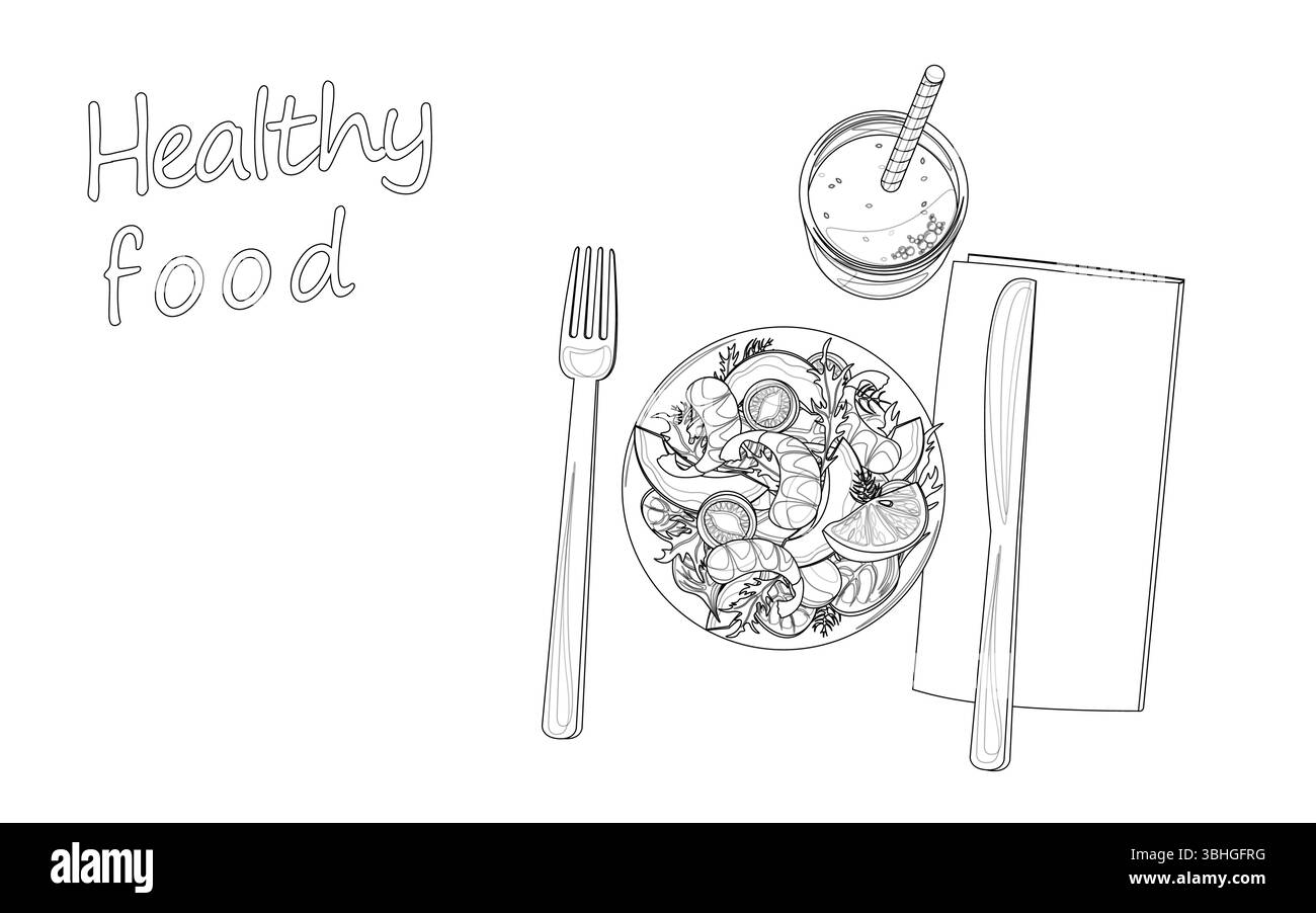 Composizione artistica della linea alimentare sana. Illustrazione del design grafico dei pasti nutrienti. Alimentazione ristorante pubblicità benessere. Profilo minimalista Illustrazione Vettoriale