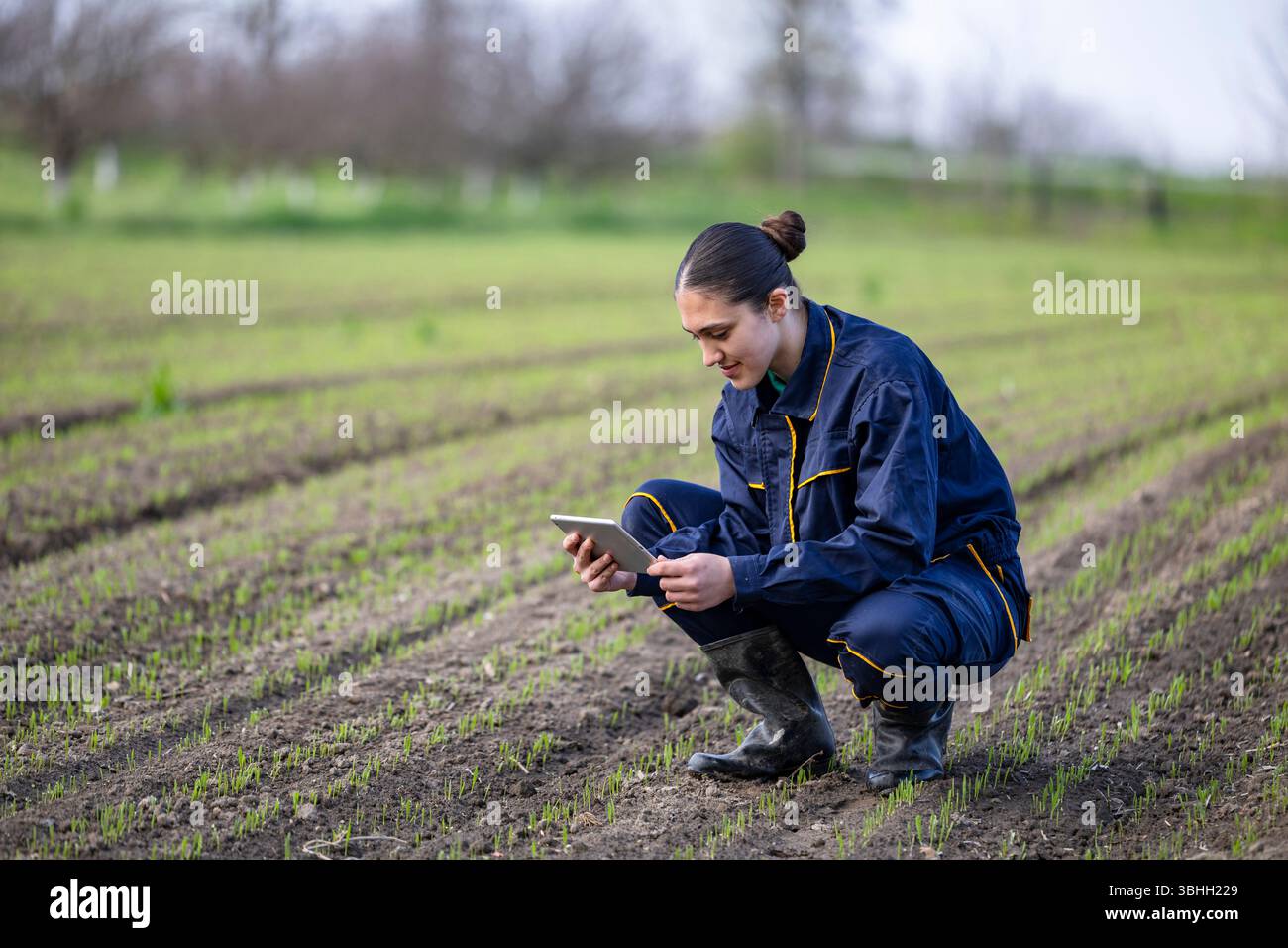 Giovane agricoltore accovacciato nel campo sorridente mentre guarda tablet in mano, soddisfatto della salute delle piante e del suolo Foto Stock