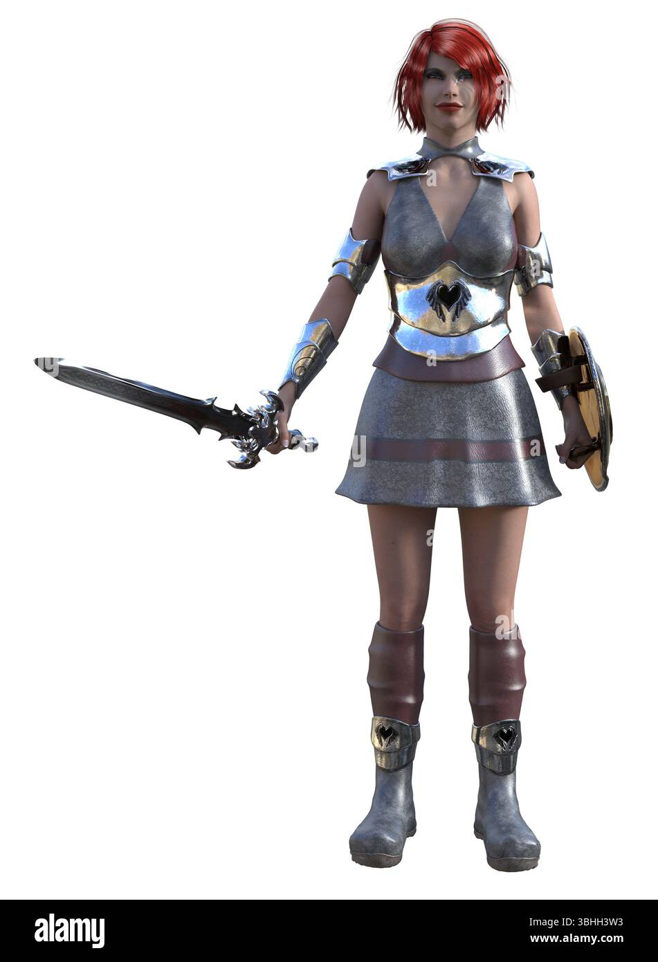 Illustrazione in 3D di una feroce guerriera dai capelli rossi in armatura, che brandisce una spada e uno scudo. Posizione forte, scena di battaglia fantasy, combattimenti medievali, guerra Foto Stock