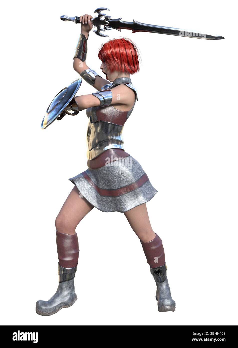Illustrazione in 3D di una feroce guerriera dai capelli rossi in armatura, che brandisce una spada e uno scudo. Posizione forte, scena di battaglia fantasy, combattimenti medievali, guerra Foto Stock