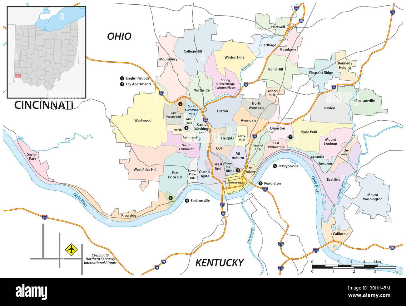 Mappa stradale e dei quartieri di Cincinnati, Ohio, Stati Uniti Foto Stock