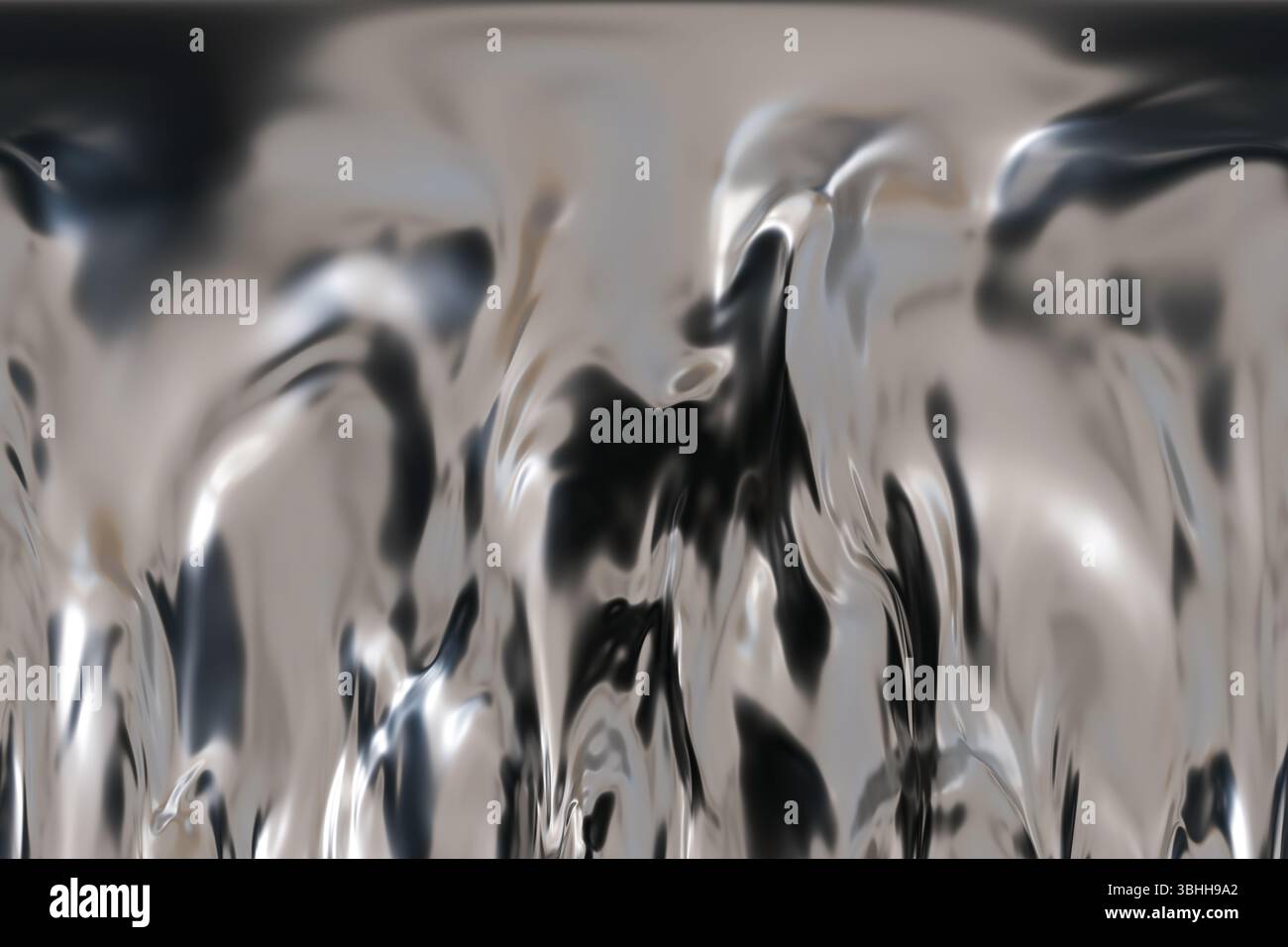 Questo sfondo astratto presenta una superficie metallica fluida in cromo che crea un'atmosfera futuristica. Ideale per progetti a tema tecnologico e promozionali Foto Stock