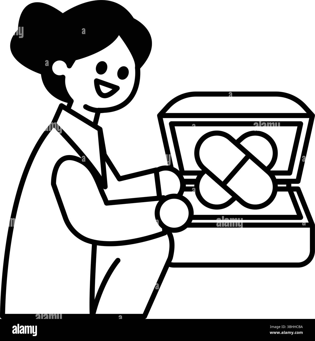 Una donna ha in mano una scatola di pillole. Lei sorride ed è felice. Concetto di positività e buona salute Illustrazione Vettoriale Una donna ha in mano una scatola di pillole. Lei sorride ed è felice. Concetto di positività e buona salute Illustrazione Vettoriale