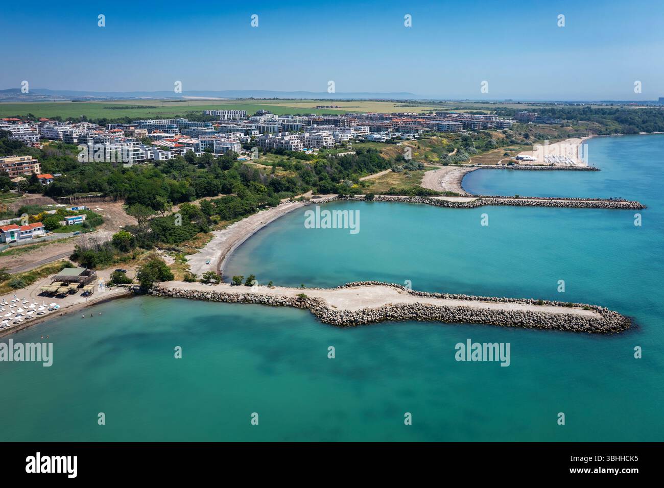 Vista aerea della spiaggia del quartiere Sarafovo di Burgas, Bulgaria Foto Stock