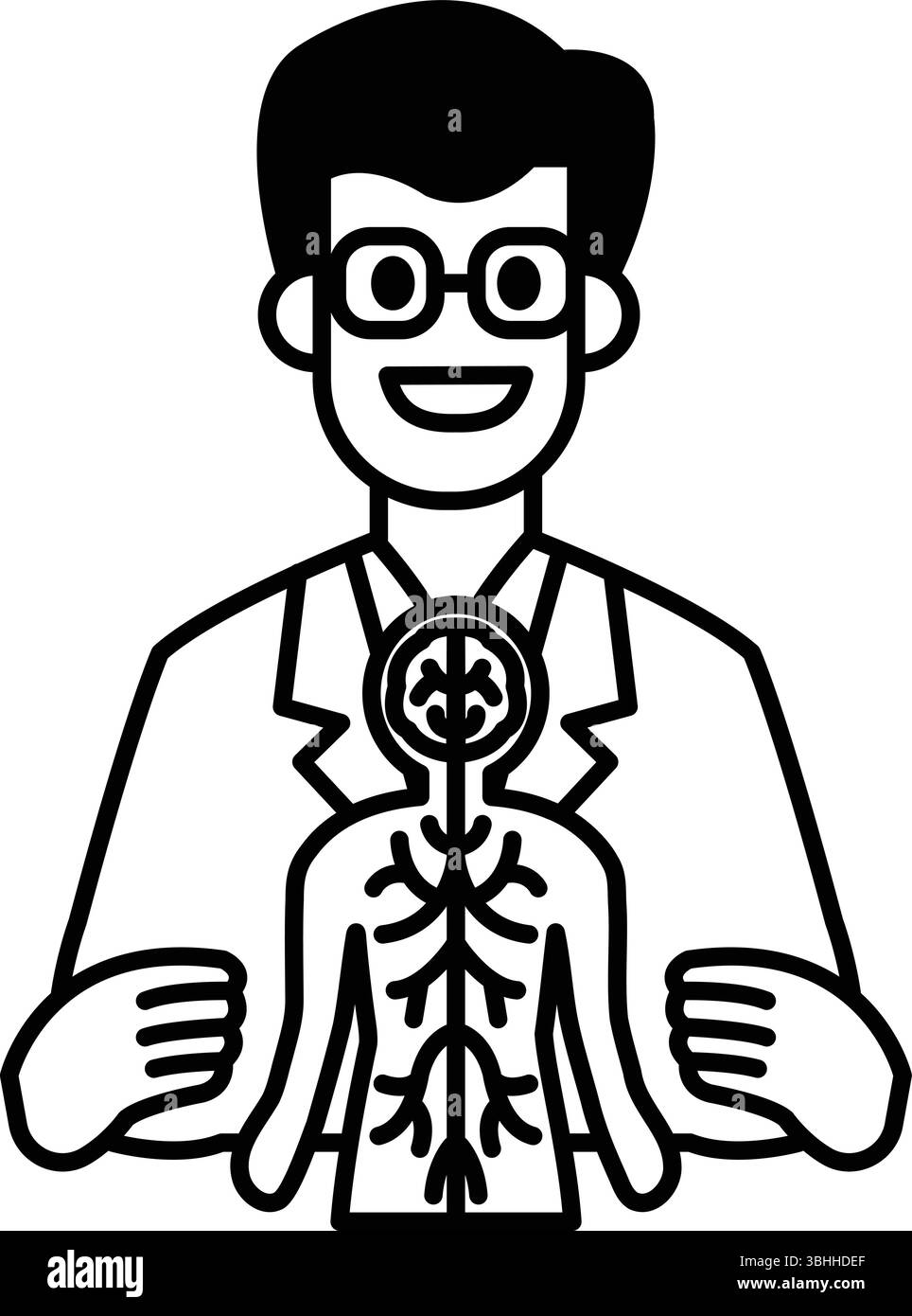Un uomo in un camice bianco tiene uno scheletro e sorride. Concetto di curiosità e di meraviglia sul corpo umano e sui suoi intricati sistemi Illustrazione Vettoriale