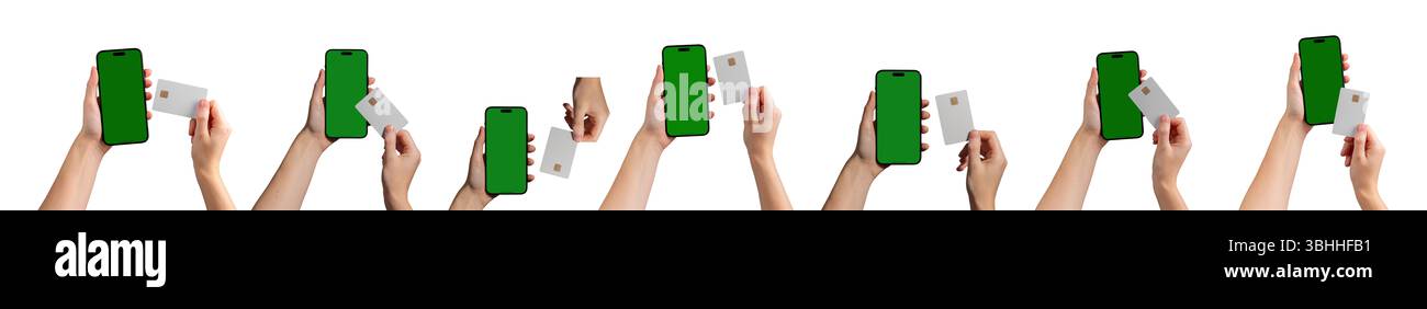 Tenere a mano un telefono cellulare con una carta bancaria sullo schermo, mostrando il progetto di pagamento e finanziamento. Smartphone che visualizza transazioni online, pubblicità Foto Stock