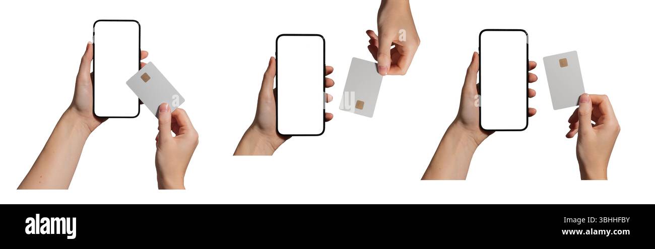 Mano che tiene in mano uno smartphone che mostra una carta bancaria, che rappresenta il pagamento e le transazioni finanziarie. Isolato su sfondo bianco, che mostra la tecnologia Foto Stock