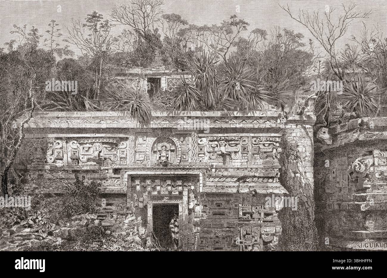 Facciata principale del complesso "Las Monjas", Chichen Itza, comune di Tinúm, Stato di Yucatán, Messico, xix secolo. From A Voyage to Yucatan, Mexico, di M. Charnay, 1860. Apparso in le Tour du Monde, pubblicato nel 1862. Foto Stock