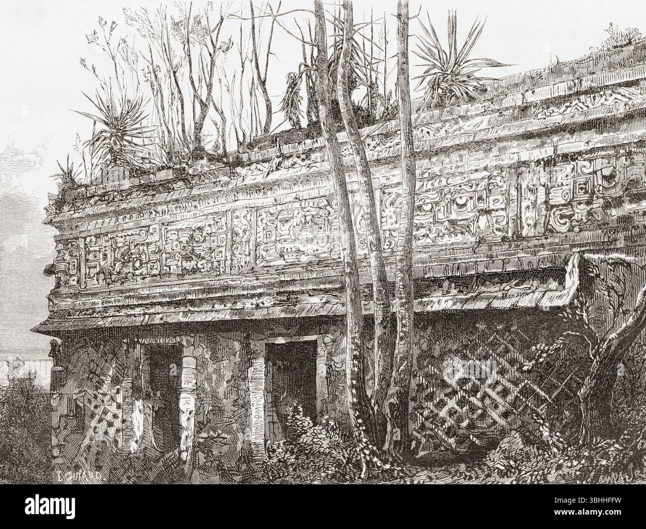 Facciata nord del complesso "Las Monjas", Chichen Itza, comune di Tinúm, Stato di Yucatán, Messico, xix secolo. From A Voyage to Yucatan, Mexico, di M. Charnay, 1860. Apparso in le Tour du Monde, pubblicato nel 1862. Foto Stock