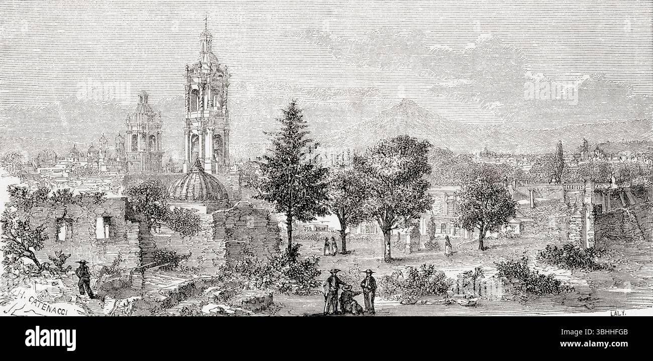 Vista di Puebla de Zaragoza, alias Heroica Puebla de Zaragoza, e Puebla de los Ángeles, Messico, XIX secolo. From A Voyage to Yucatan, Mexico, di M. Charnay, 1860. Apparso in le Tour du Monde, pubblicato nel 1862. Foto Stock