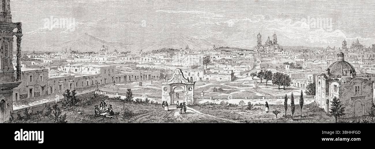 Vista panoramica della costa occidentale di Puebla de Zaragoza, alias Heroica Puebla de Zaragoza, e Puebla de los Ángeles, Messico, XIX secolo. From A Voyage to Yucatan, Mexico, di M. Charnay, 1860. Apparso in le Tour du Monde, pubblicato nel 1862. Foto Stock