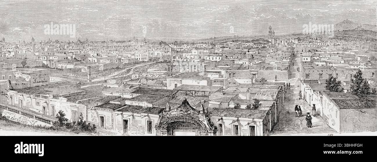 Vista panoramica della costa orientale di Puebla de Zaragoza, alias Heroica Puebla de Zaragoza, e Puebla de los Ángeles, Messico, XIX secolo. From A Voyage to Yucatan, Mexico, di M. Charnay, 1860. Apparso in le Tour du Monde, pubblicato nel 1862. Foto Stock