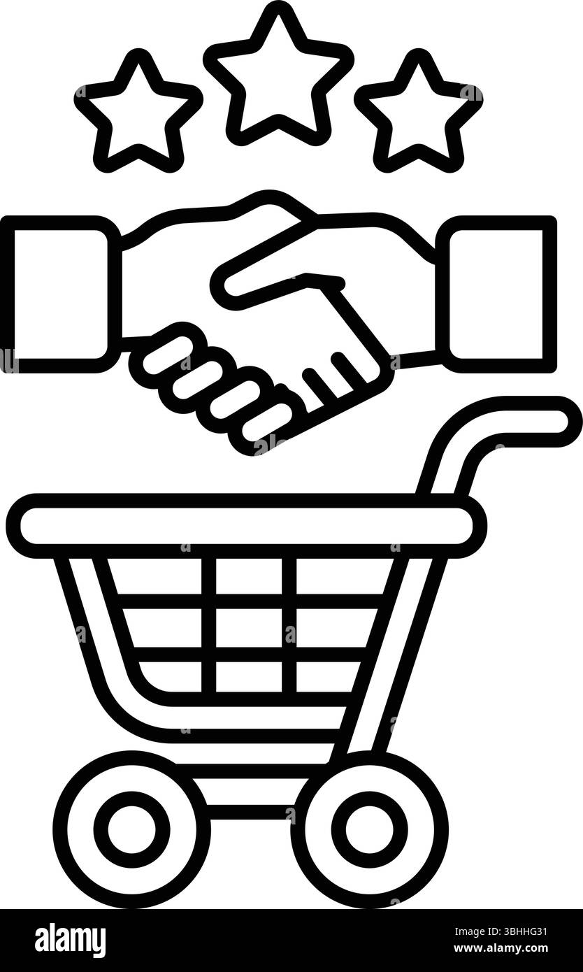 Un'immagine in bianco e nero di due mani che scuotono con un carrello sullo sfondo. Concetto di transazione commerciale o partnership Illustrazione Vettoriale