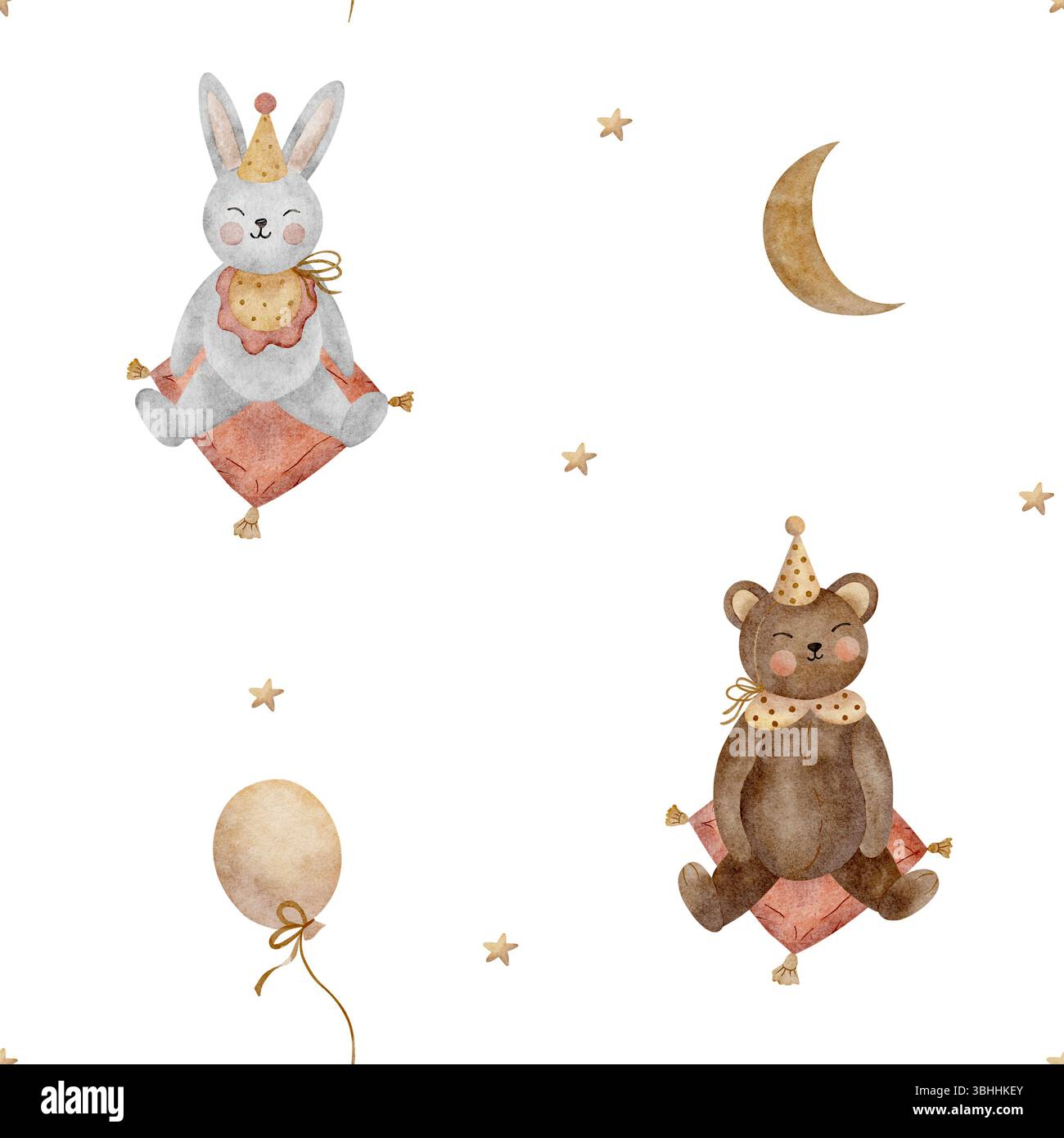 Illustrazione ad acquerello lepre, coniglio, orso, luna, stelle, palloncino. Giocattoli per animali disegnati a mano in stile vintage. Stampa senza cuciture su sfondo bianco Foto Stock