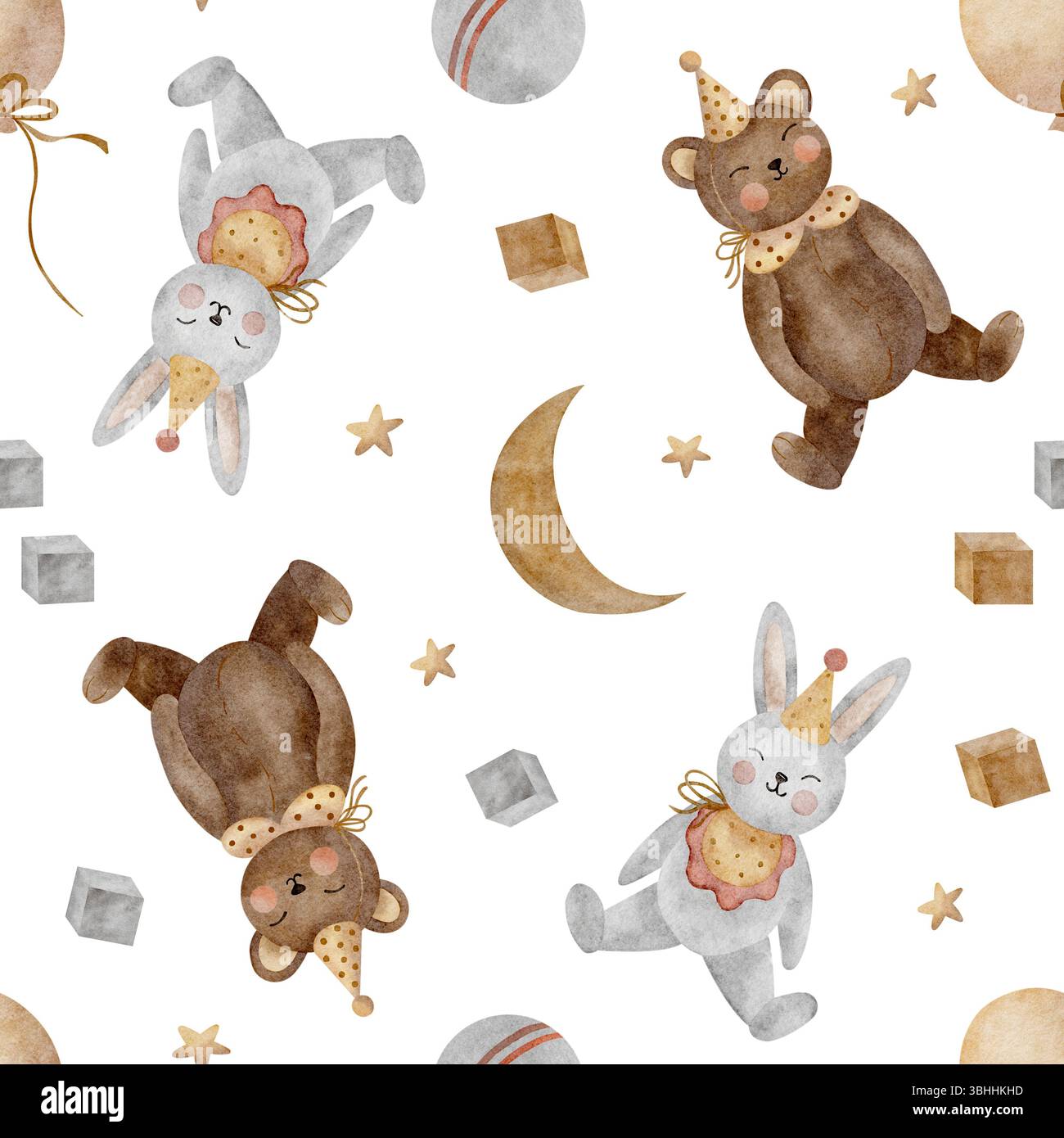 Illustrazione ad acquerello animali lepre orso, stelle lunari, palloncino. Giocattoli vintage disegnati a mano nello stile dei bambini. Stampa senza cuciture su bianco Foto Stock