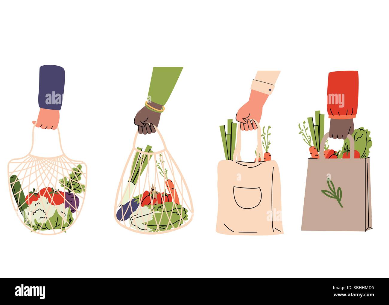 Mani diverse che tengono borse ecologiche piene di verdure fresche. Illustrazione in stile piatto che promuove la sostenibilità, mangiare sano, e. Illustrazione Vettoriale