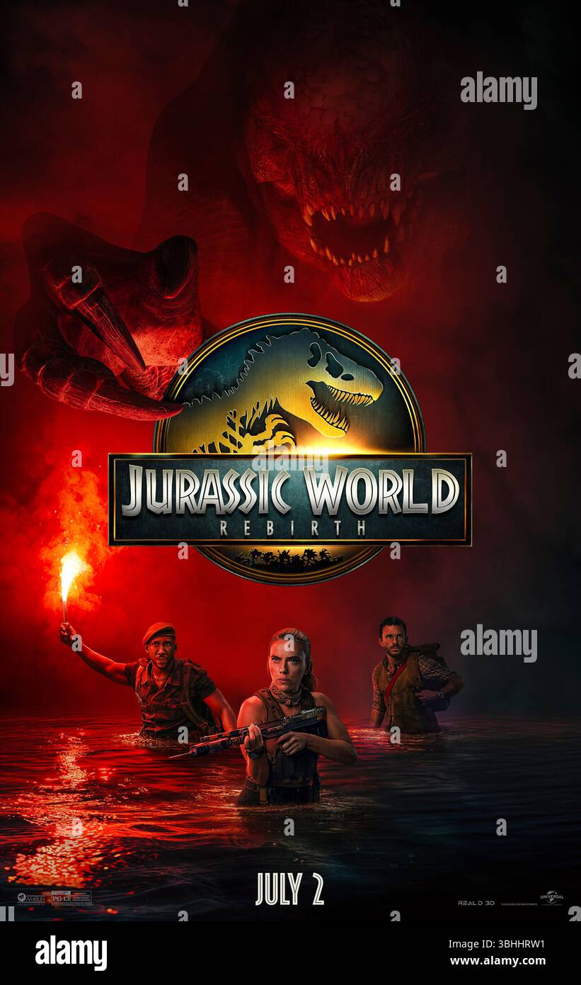 Jurassic World: Rebirth (2025) diretto da Gareth Edwards e interpretato da Scarlett Johansson, Jonathan Bailey e Mahershala Ali. Cinque anni dopo il Jurassic World Dominion, una spedizione braves isolò le regioni equatoriali per estrarre il DNA da tre enormi creature preistoriche per una rivoluzionaria scoperta medica. SOLO PER L'USO EDITORIALE del poster STATUNITENSE. Crediti: BFA / Universal Pictures Foto Stock