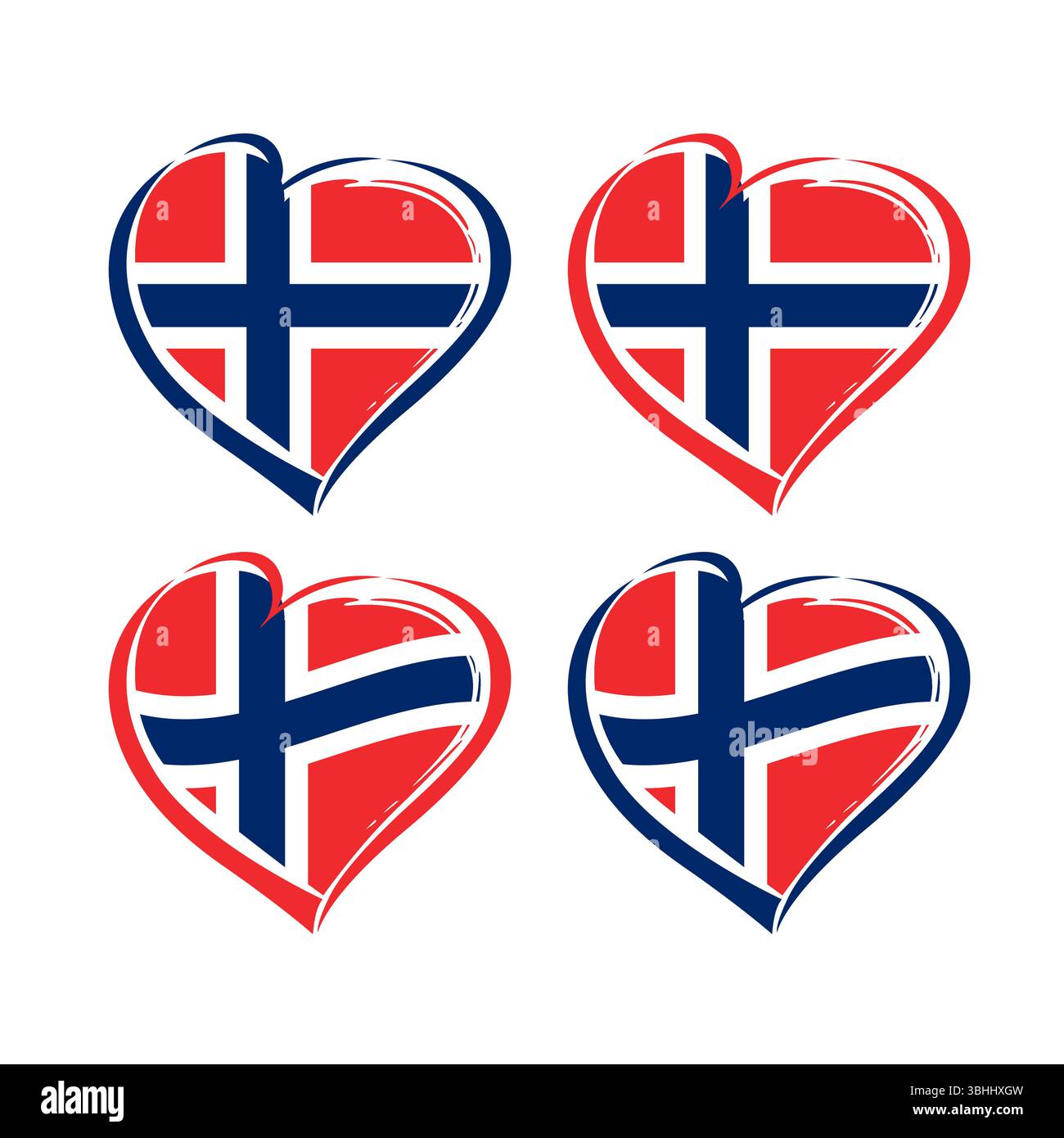 Set di cuori creativi disegnati a mano con bandiera norvegese. Benvenuto in Norvegia, simbolo. Icone delle vacanze. Concetto di identità di branding. Segno astratto Illustrazione Vettoriale