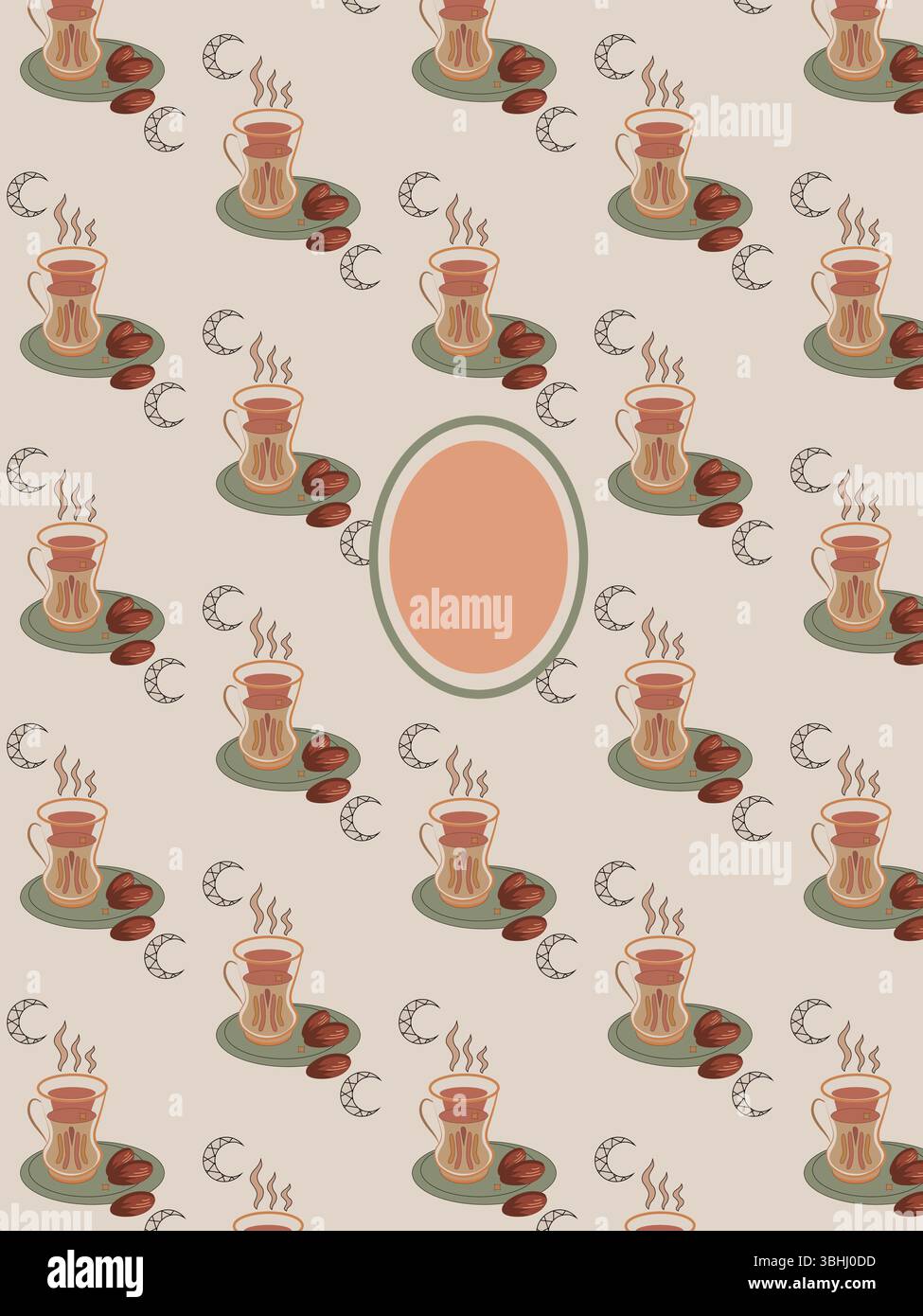 Modello minimale senza cuciture di icone di cibo halal con mezzaluna e tocco arabo per copertina di riviste, social media, merchandising. Illustrazione Vettoriale