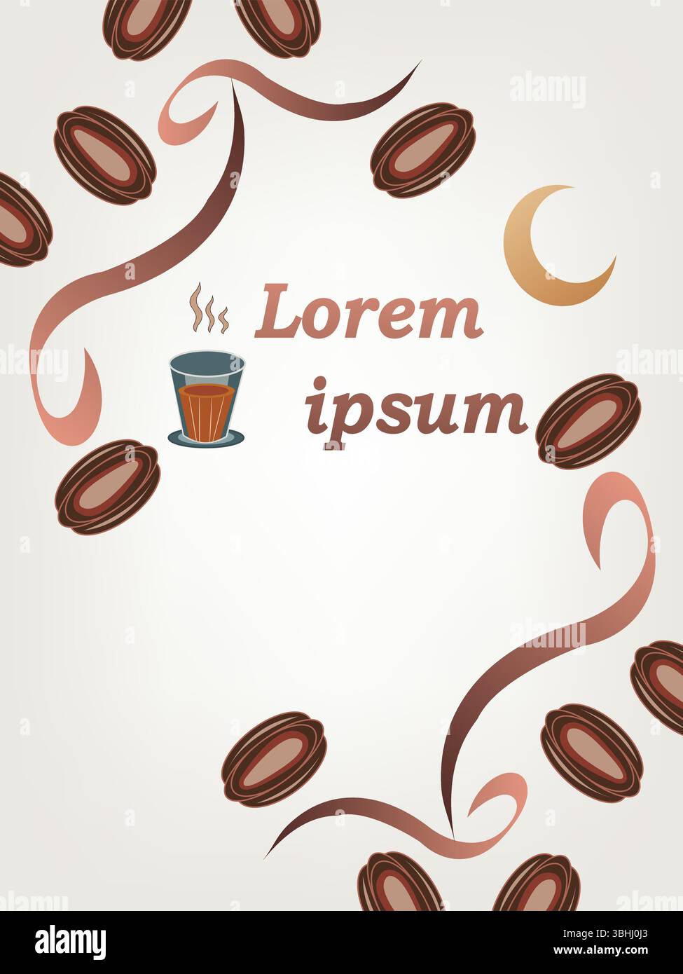 Modello minimale senza cuciture di icone di cibo halal con mezzaluna e tocco arabo per copertina di riviste, social media, merchandising. Illustrazione Vettoriale