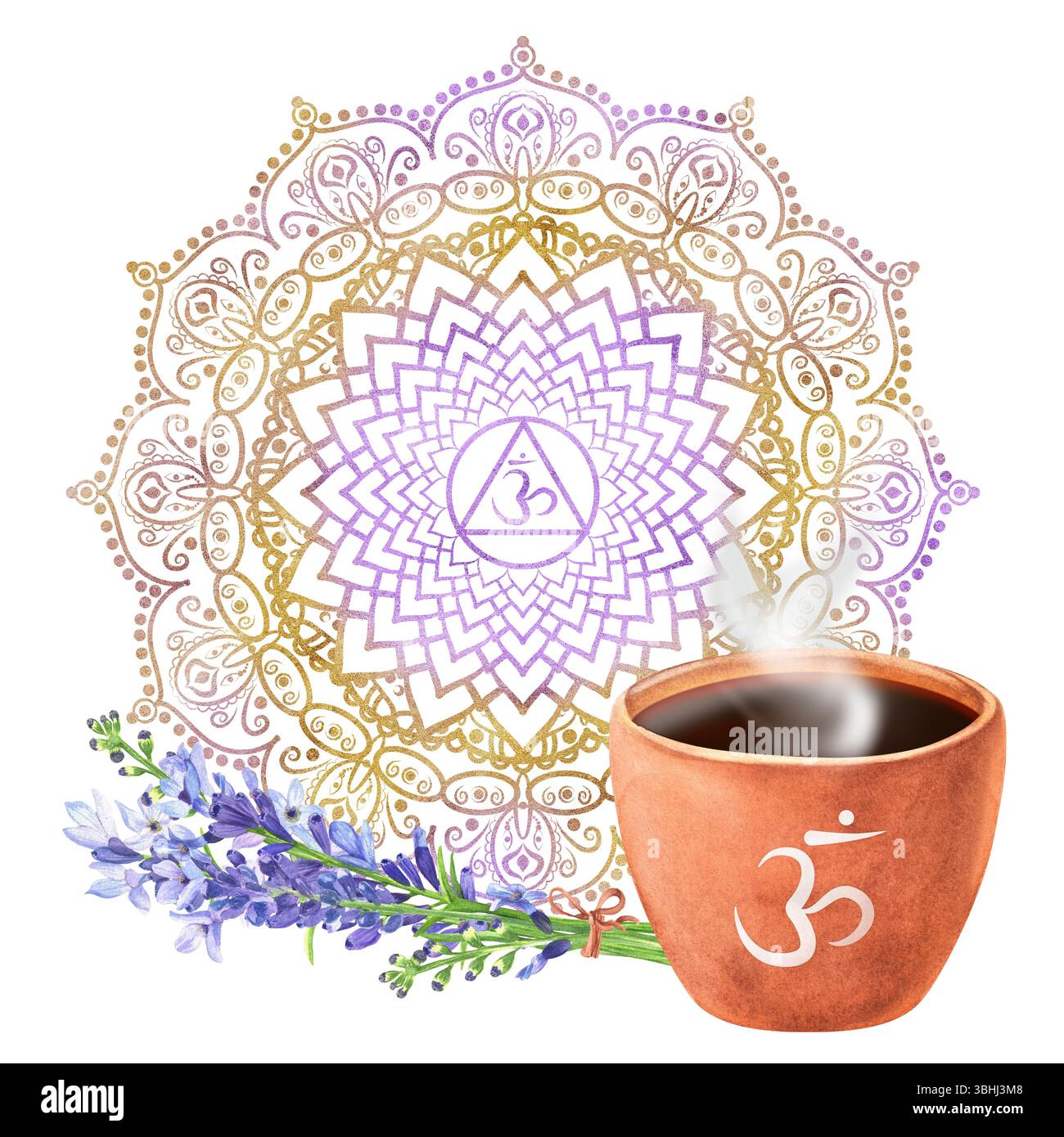 Elegante motivo mandala lilla dorata con corona chakra Sahasrara al centro e una tazza di tè alla lavanda con lettere e ramoscelli sanscriti. Energia balan Foto Stock