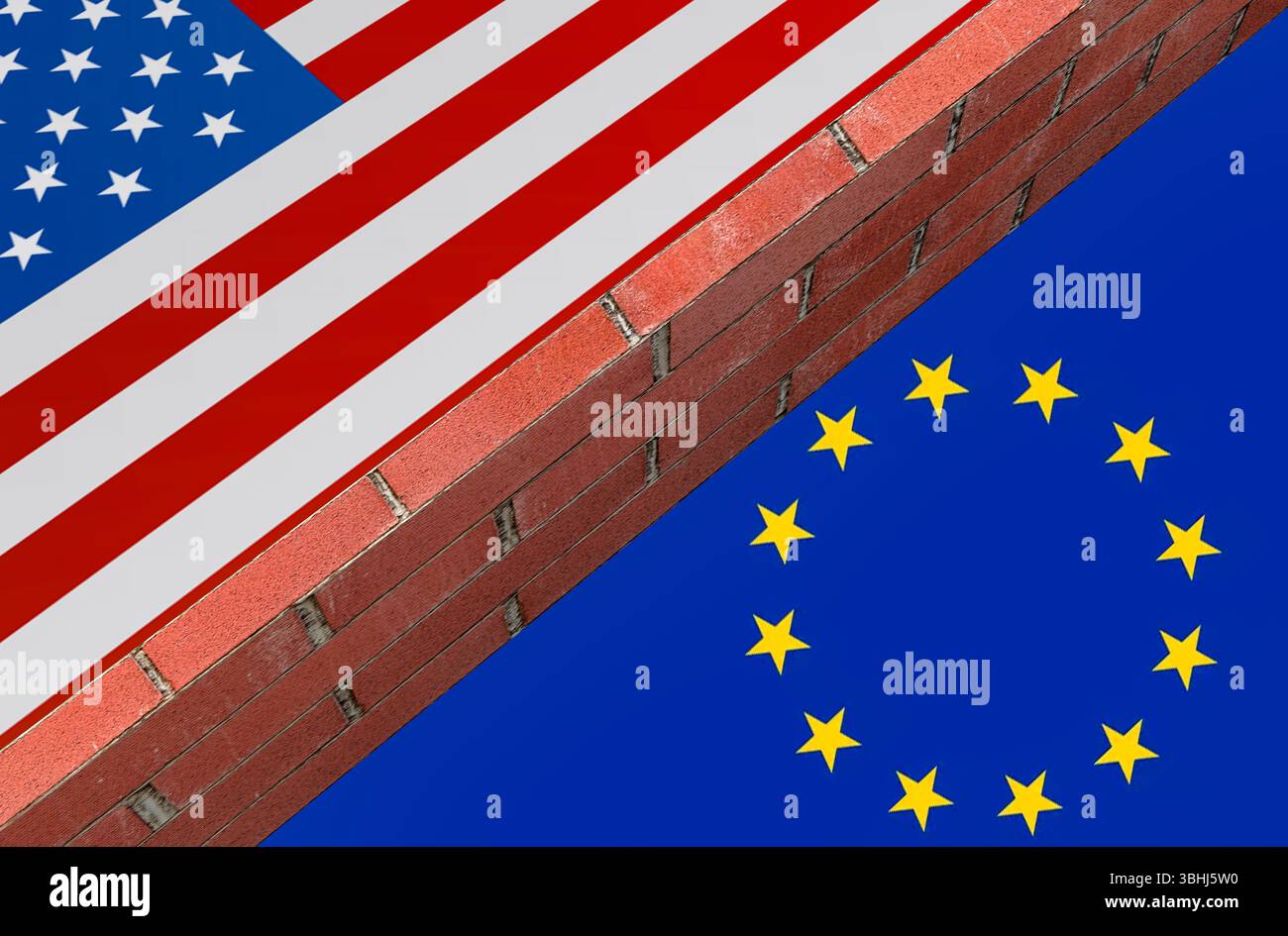 Il muro di mattoni con bandiere USA e UE simboleggia le guerre commerciali in corso, le tariffe e i persistenti disaccordi tra Stati Uniti ed Europa, mettendo in evidenza le tensioni internazionali Foto Stock