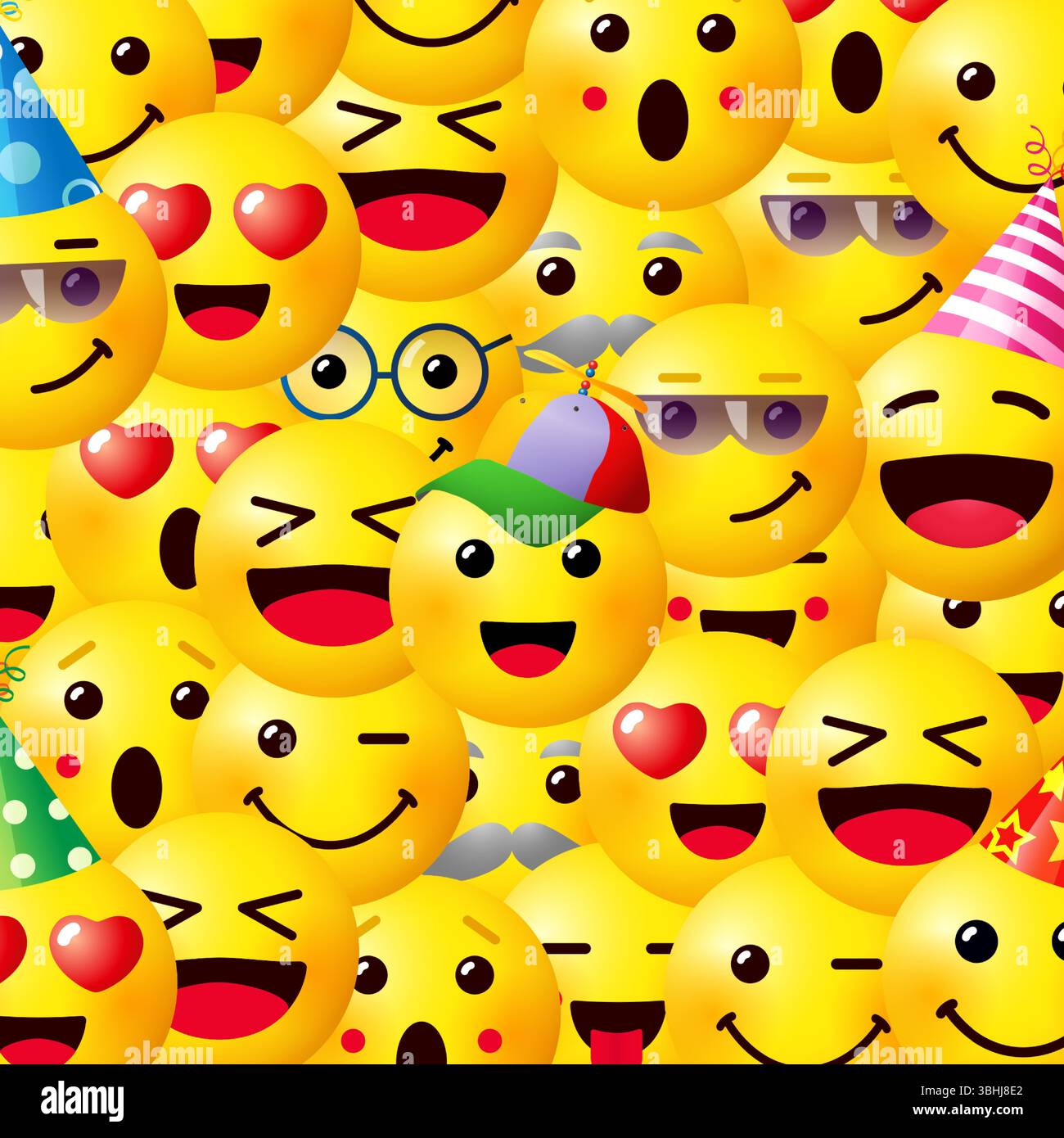 Moderno sfondo giallo con facce di rete. Banner quadrato con spazio di copia. Modello poster Internet, sfondo vuoto. Set di icone chat, simboli 3D. Illustrazione Vettoriale