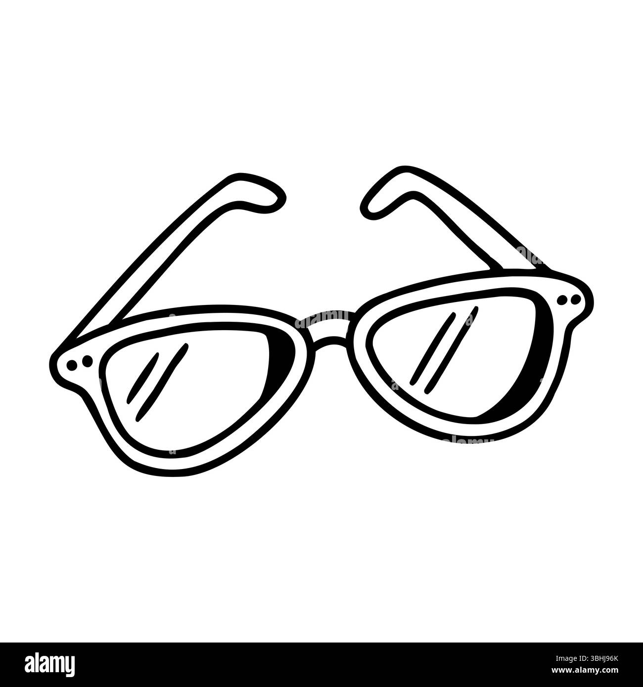 Disegno in bianco e nero di un paio di occhiali da vista con lenti arrotondate e una montatura spessa. Illustrazione Vettoriale