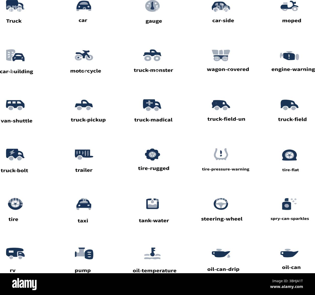 Una raccolta completa di icone del veicolo e del settore automobilistico, che illustrano vari tipi di veicoli Illustrazione Vettoriale