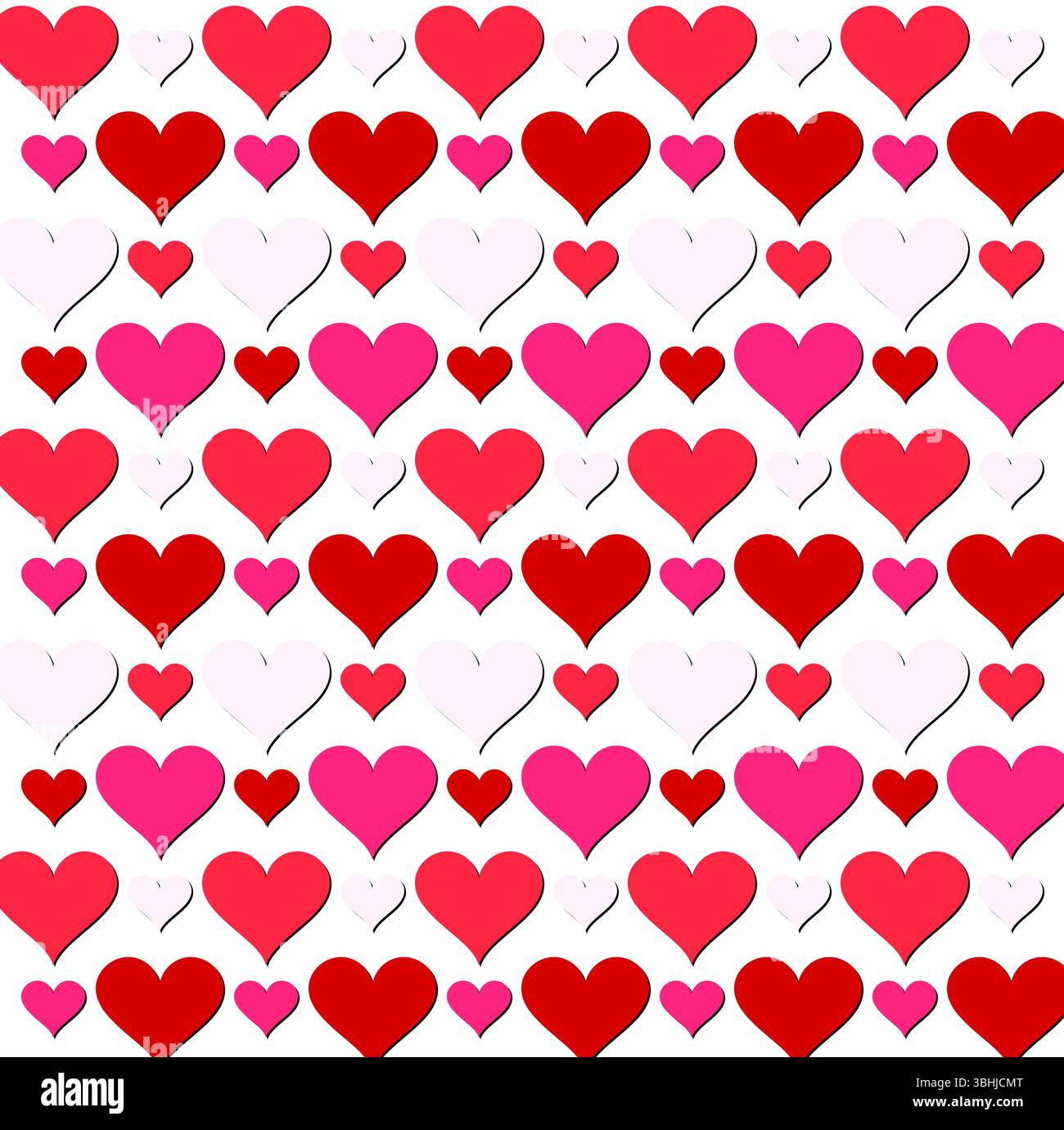 Sfondo perfetto per San Valentino. Sfondo rosa chiaro con varie forme di cuore in tonalità delicate, dal rosa al rosso. Romantico motivo ricorrente Illustrazione Vettoriale