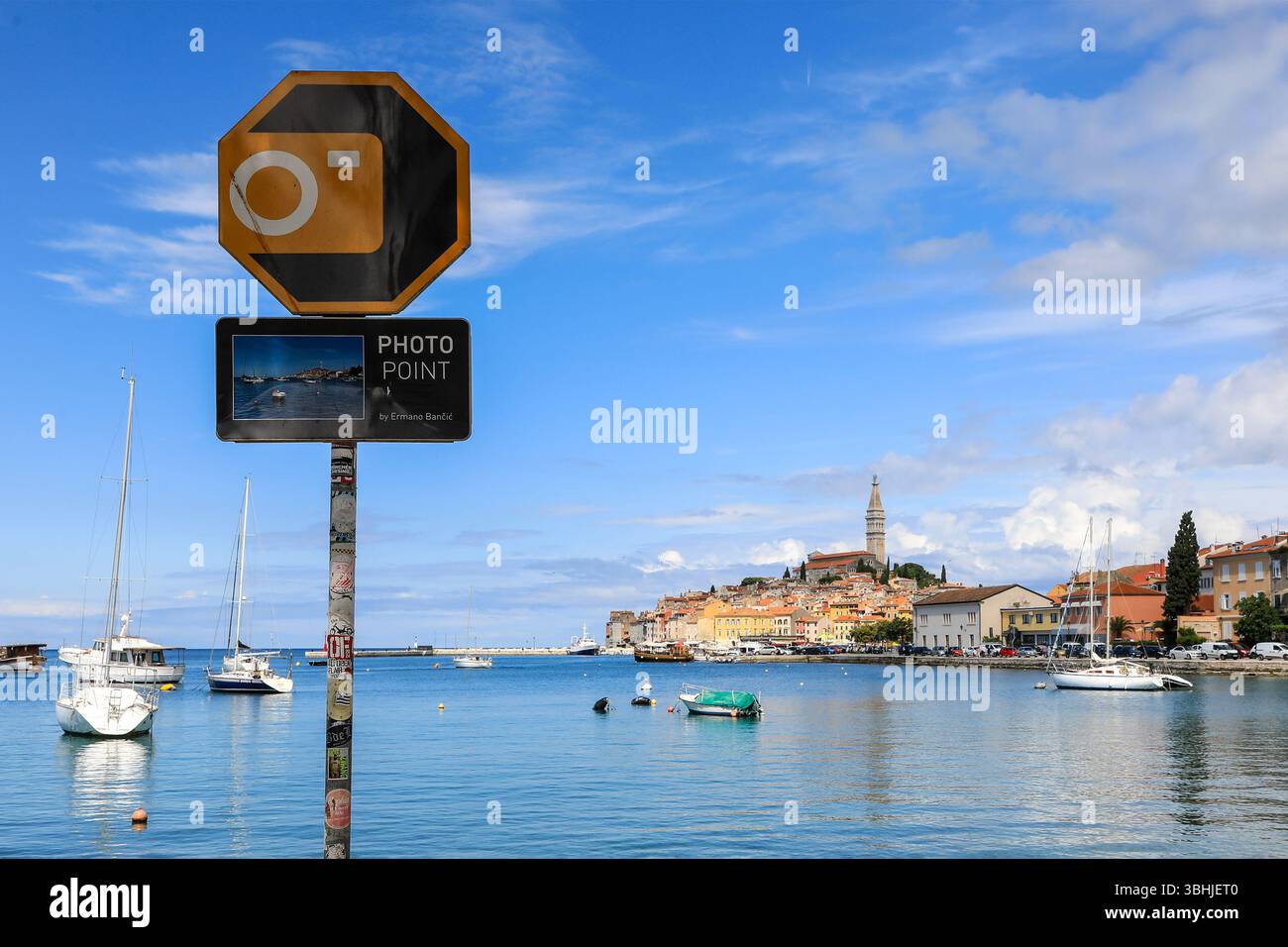 Un segno per un punto di vista fotografico, Rovigno, Istria, Croazia, Europa Foto Stock
