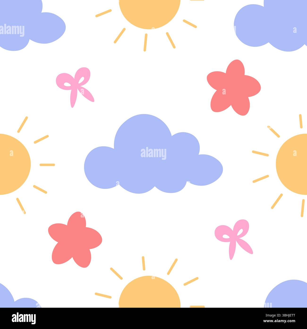 Motivo giocoso e senza cuciture con soli, nuvole, fiori e fiocchi in colori pastello, perfetto per i prodotti per bambini o per il vivaio. Illustrazione Vettoriale