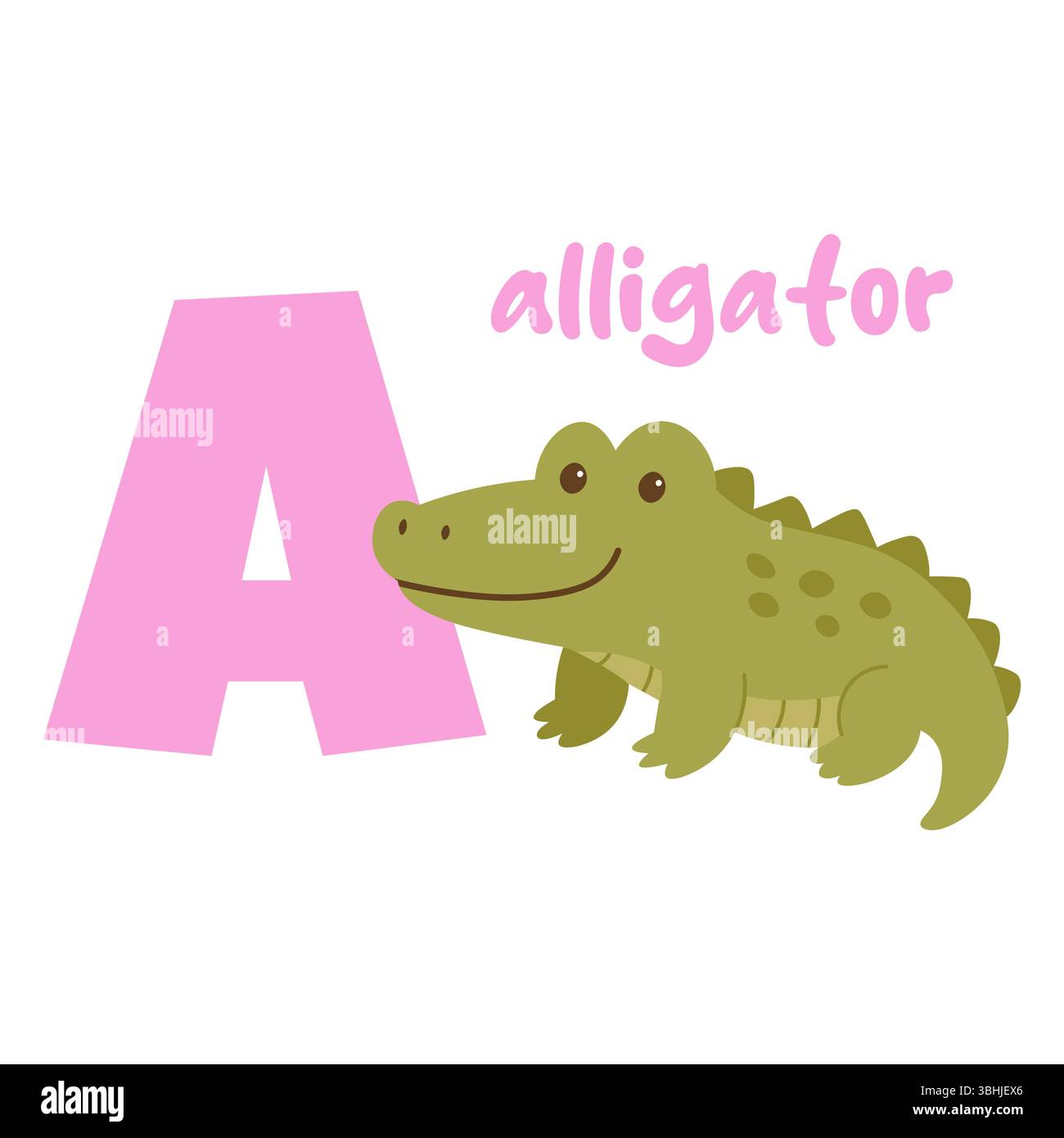 Divertente alligatore verde con grande lettera rosa A della carta di apprendimento dell'alfabeto dei bambini Illustrazione Vettoriale