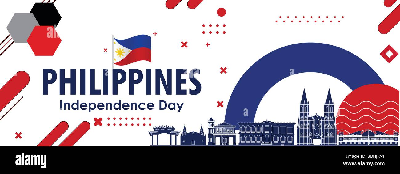 Banner del giorno dell'indipendenza delle Filippine - bandiera moderna, punti di riferimento e design astratto Illustrazione Vettoriale