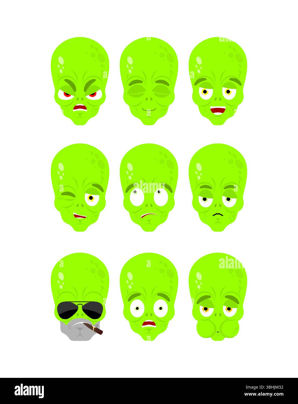 Set di emoji alieni. UFO emozione male e gentile, dormire e vomitare, ridere e triste. Invader spaziale verde Illustrazione Vettoriale