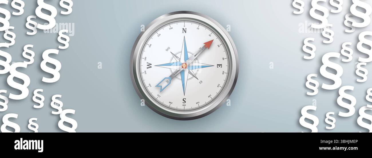 Paragrafi bianchi bussola Centro intestazione Una bussola con i paragrafi bianchi su sfondo grigio. Foto Stock